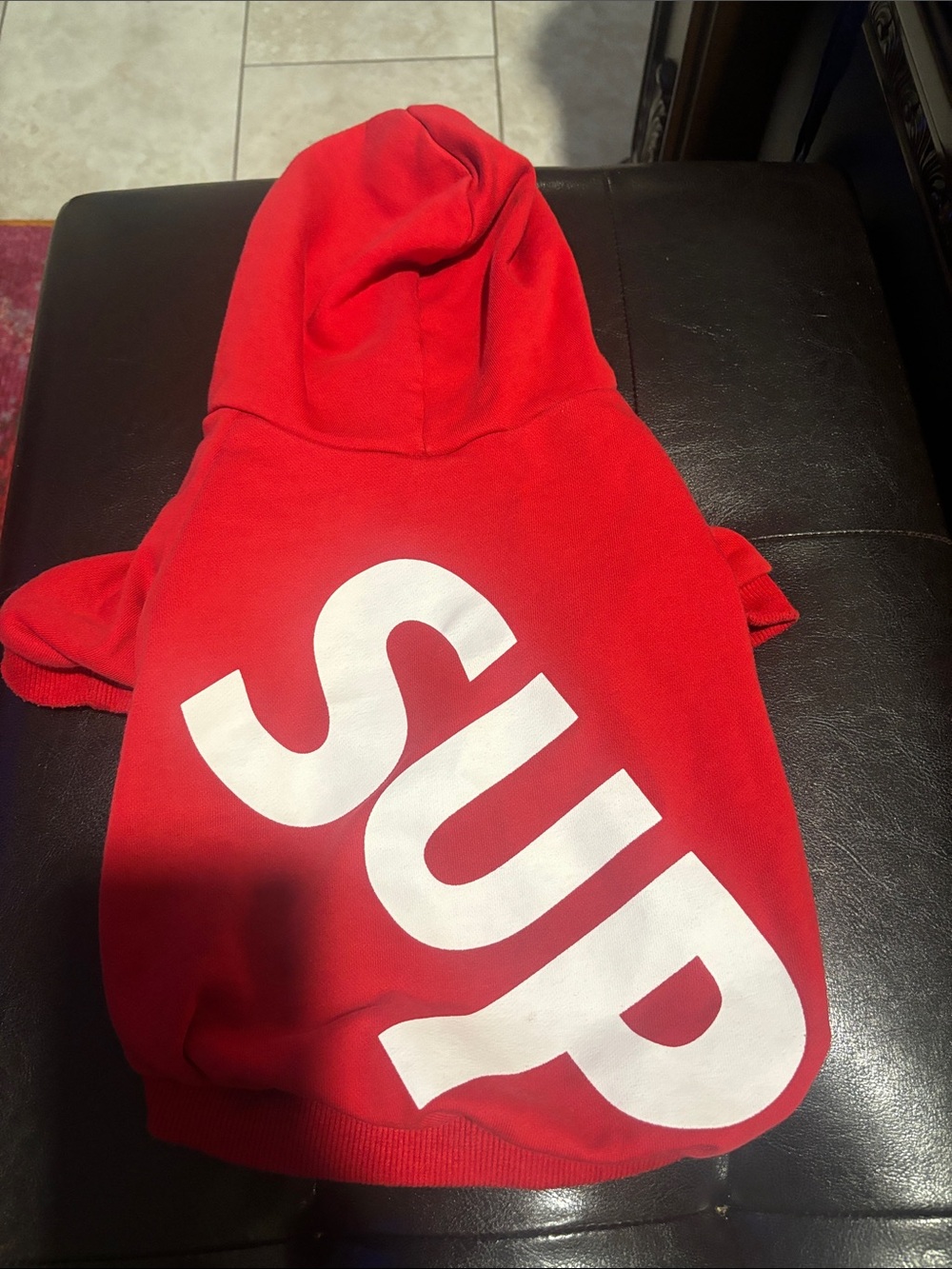 Supreme-Like Dog Red Hoodie with White Drawstrings and Logo